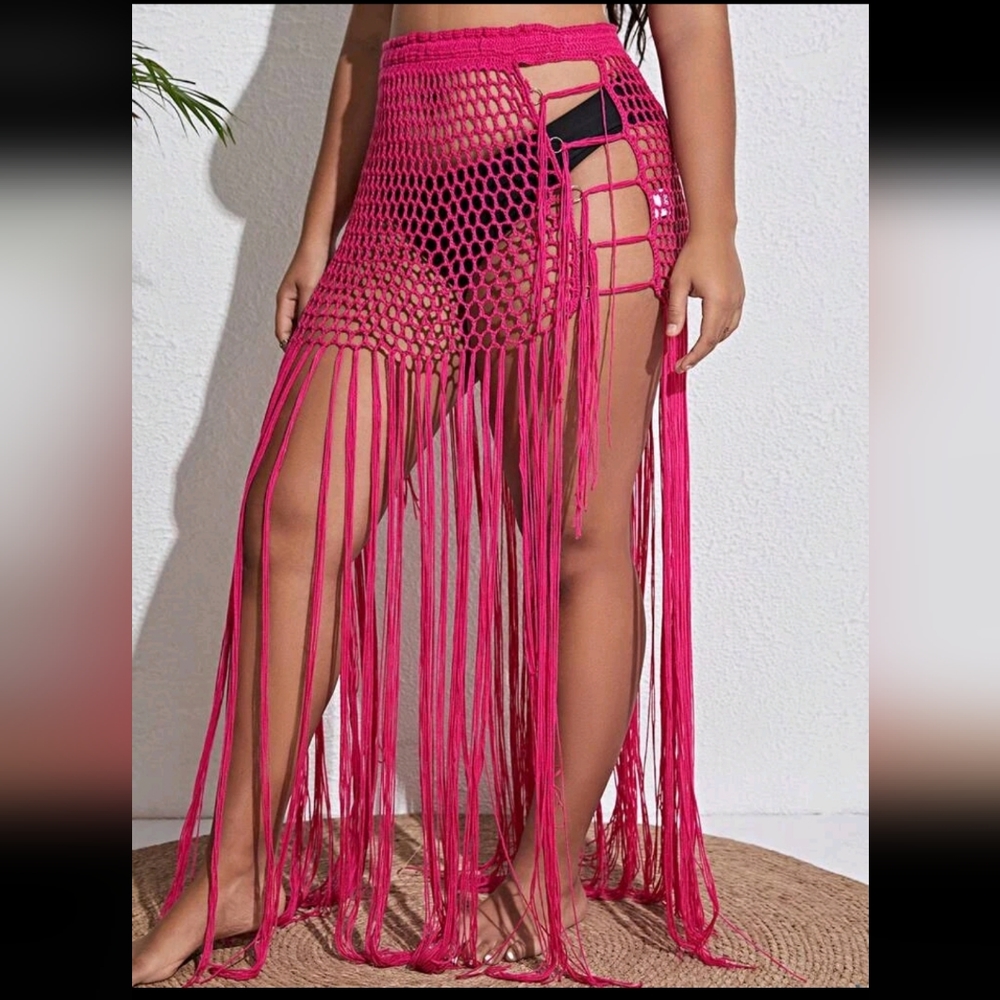Pink Crochet Fringe Swimsuit Cover up Skirt - Picture 3 of 13